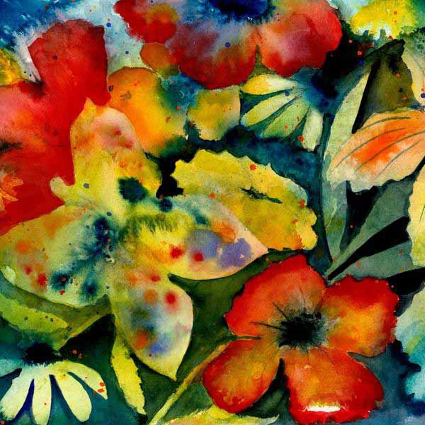 Abstrakte Aquarellmalerei von Blumen. Rote, gelbe und orange Farben. Dunkelblauer Hintergrund.