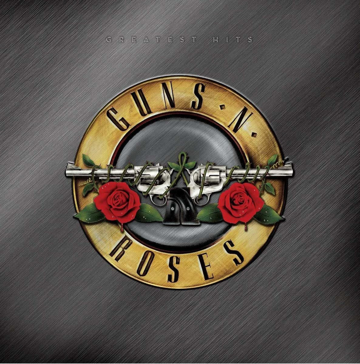 Guns N' Roses Greatest Hits albumhoes. Gouden Guns N' Roses logo met twee pistolen en rode rozen op een metalen achtergrond.