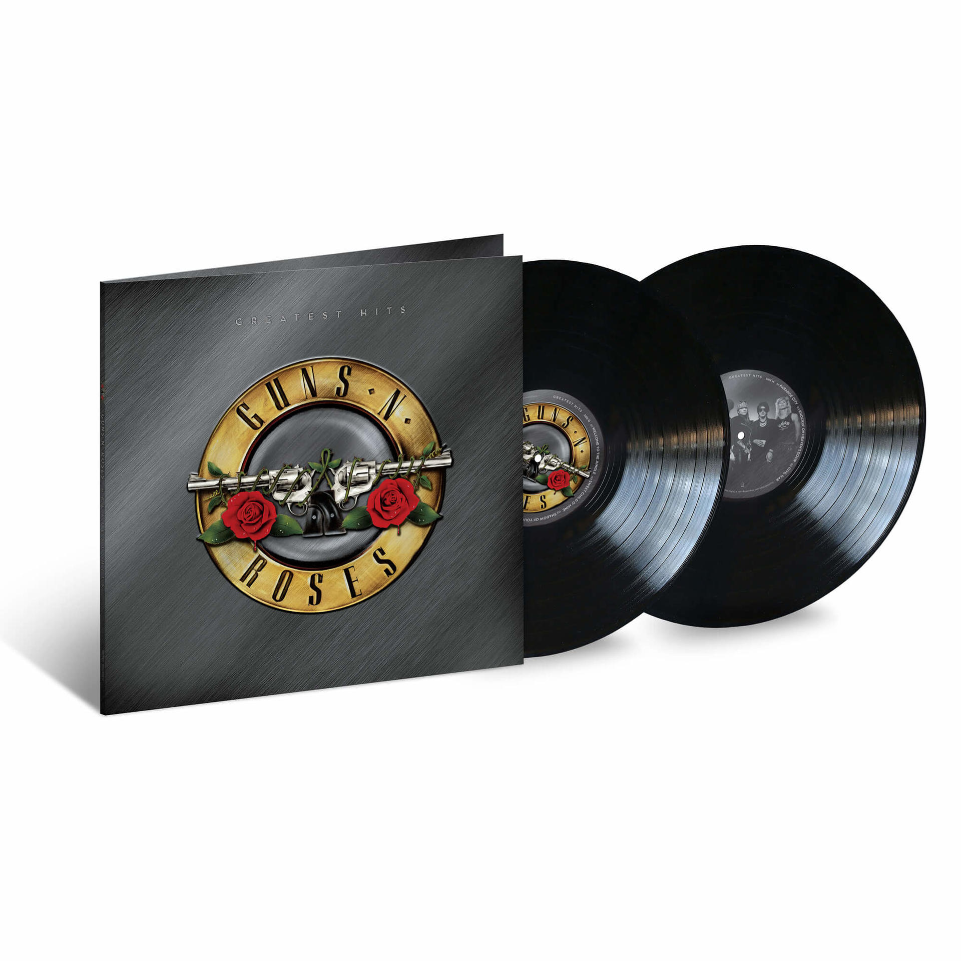 Twee zwarte vinylplaten in een albumhoes van Guns N' Roses. De hoes heeft een logo met pistolen en rozen.