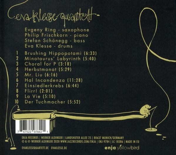 Die Rückseite eines CD-Covers mit Text, einschließlich Künstler- und Songtiteln. Am Boden befindet sich eine Zahnbürstenkunst.