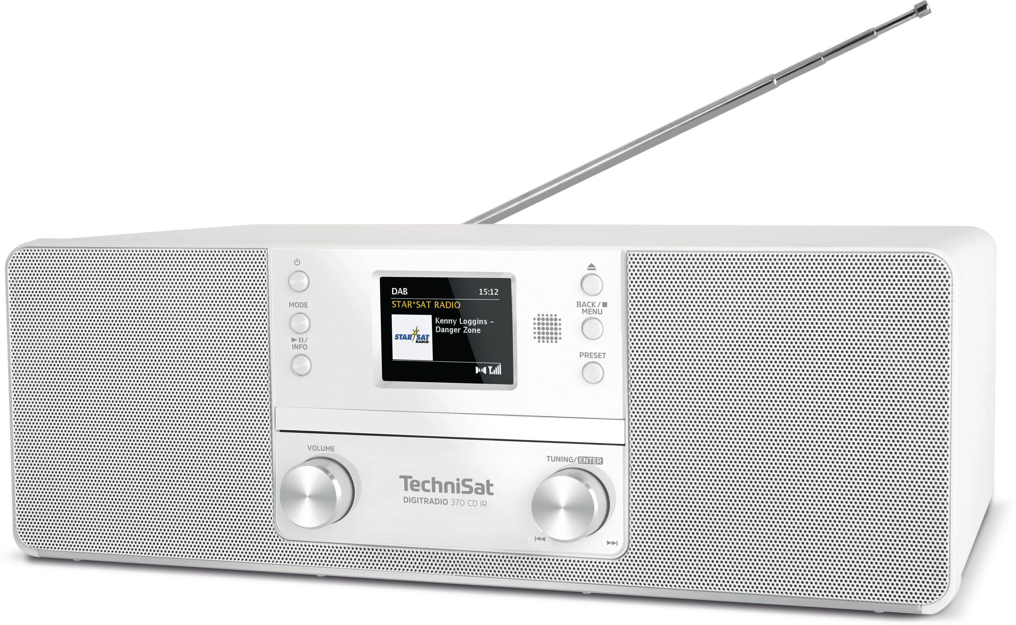 Rückansicht eines weißen Radios mit schwarzer Rückwand.