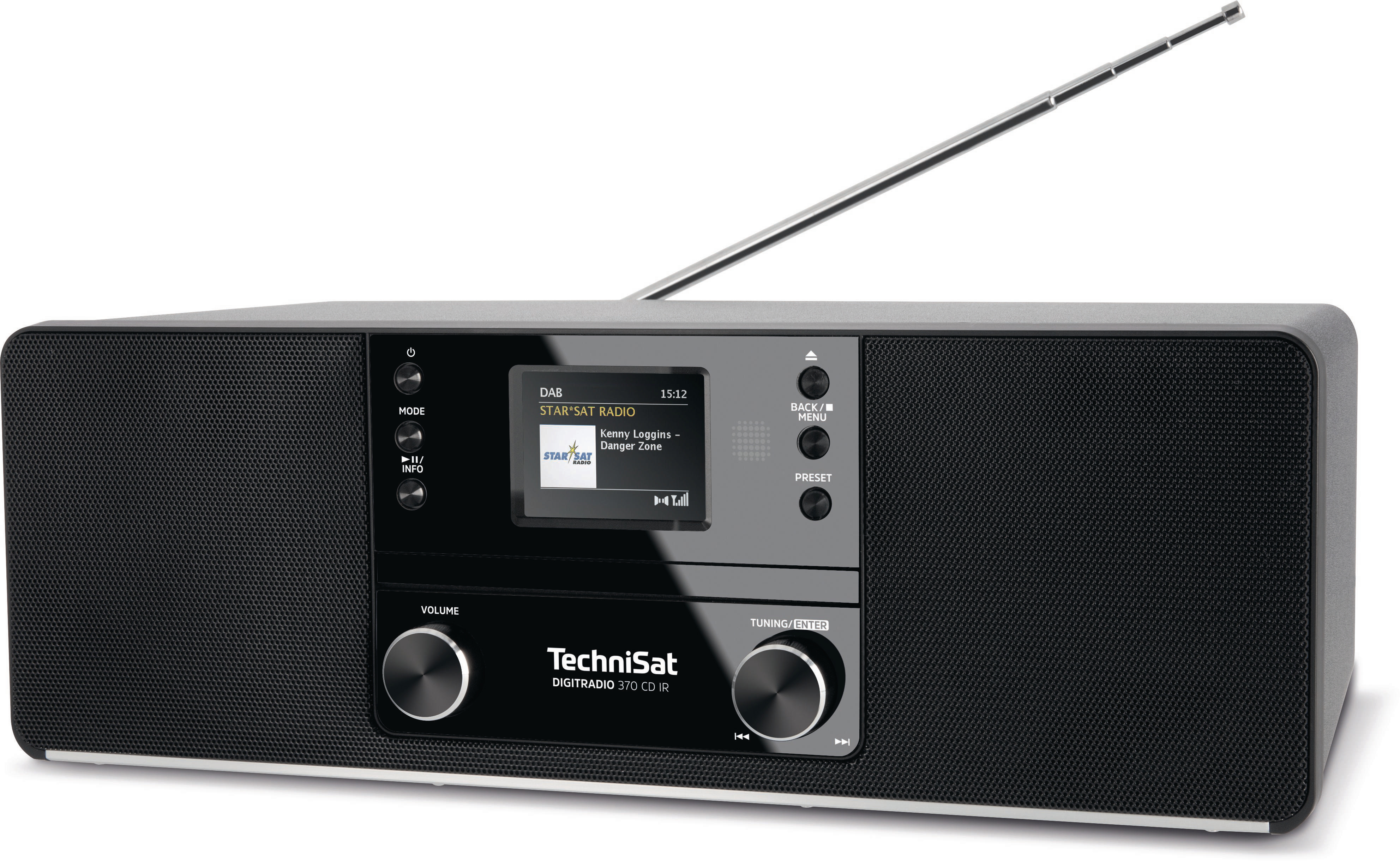 Schwarzes Radio mit Bildschirm und Antenne. Knöpfe sind sichtbar. Weißer Hintergrund.