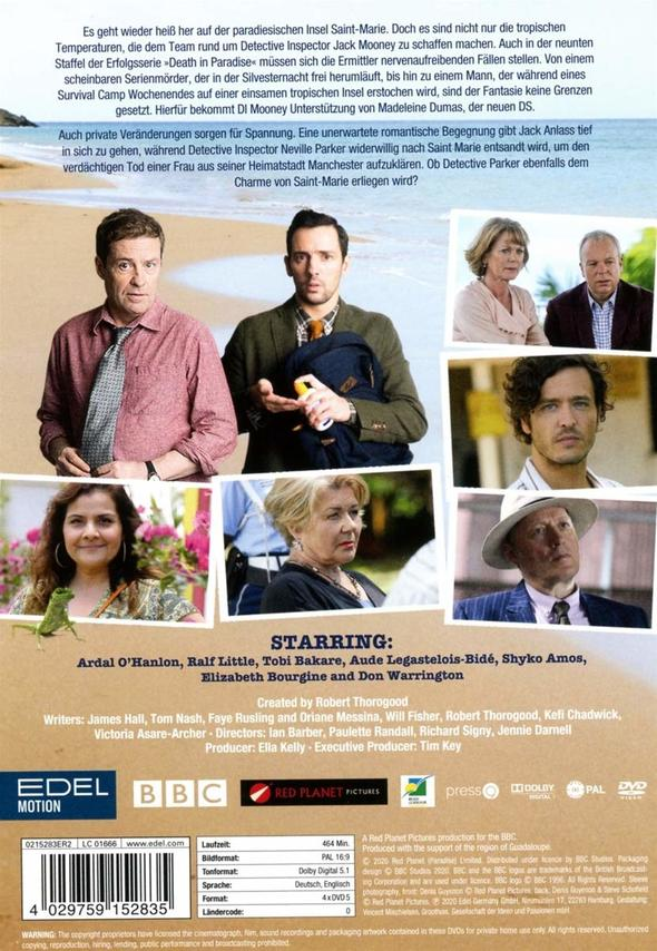DVD-Cover mit Schauspielern von Death in Paradise. Bilder von Personen sind im Hintergrund.
