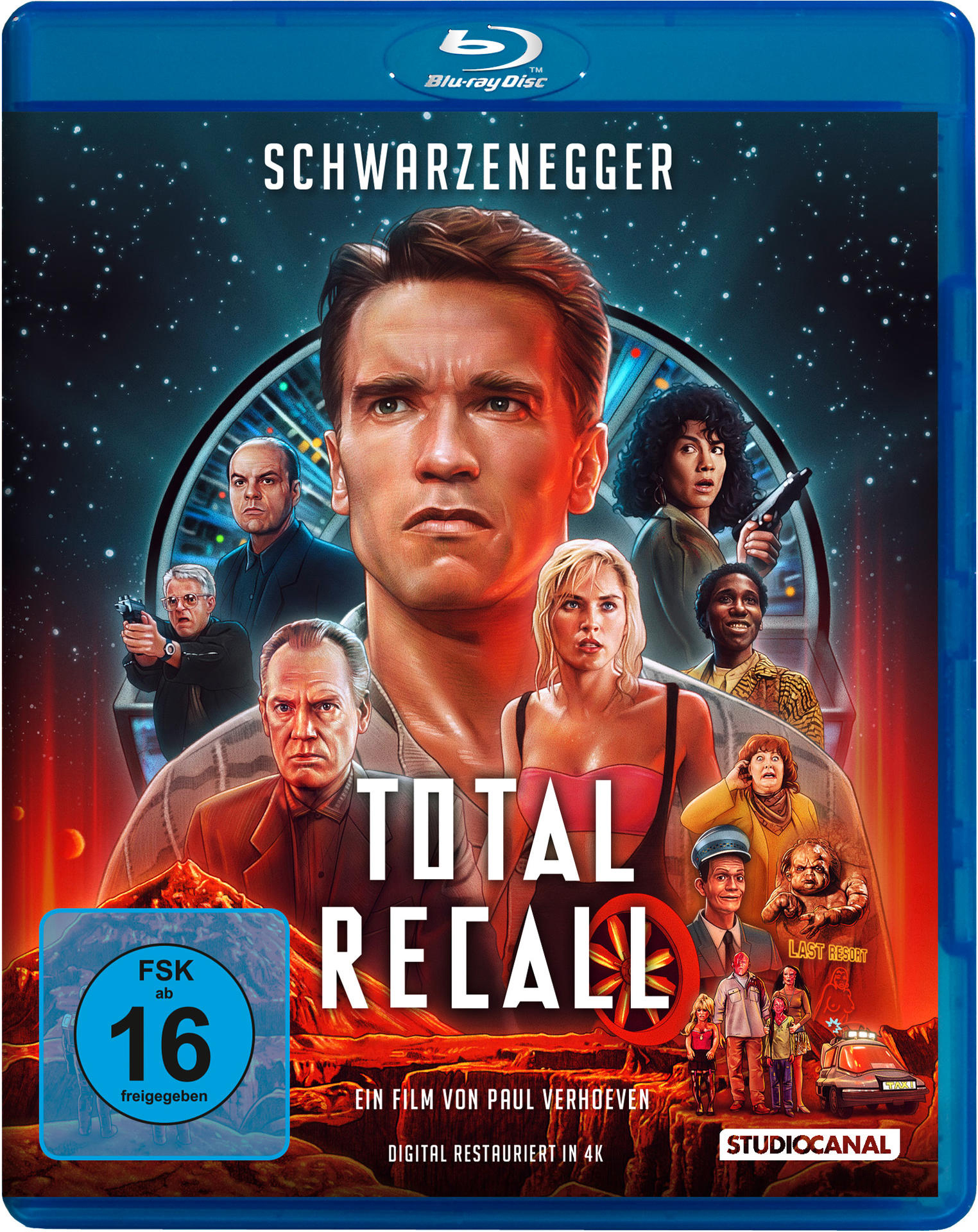 Filmcover: Schwarzenegger, Titel 'Total Recall', mit mehreren Charakteren.