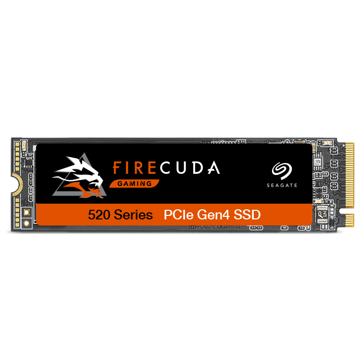 A black and orange solid-state drive (SSD) on a white surface.