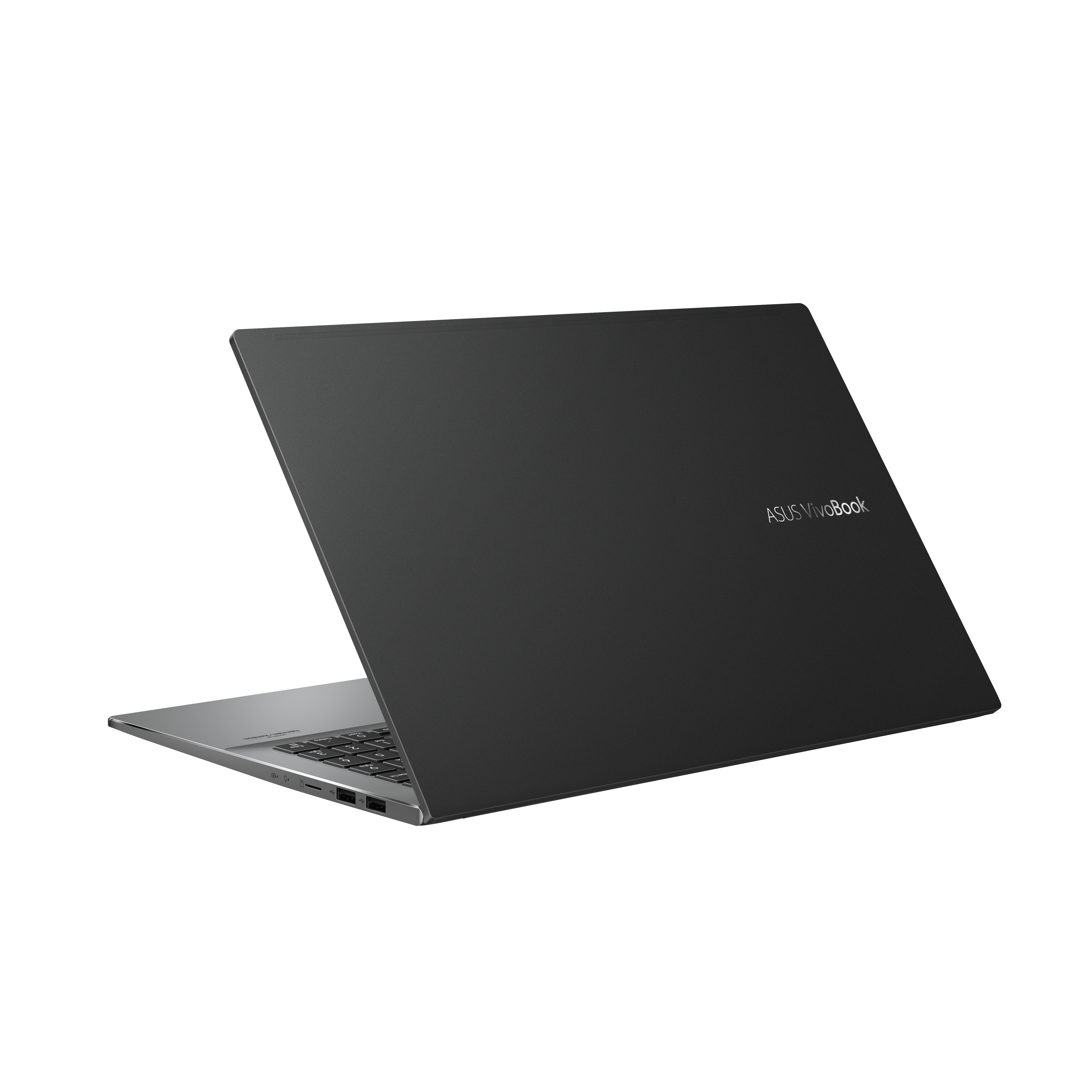 Schwarzes ASUS Vivobook Laptop von hinten, leicht geöffnet, mit silbernem Unterteil.
