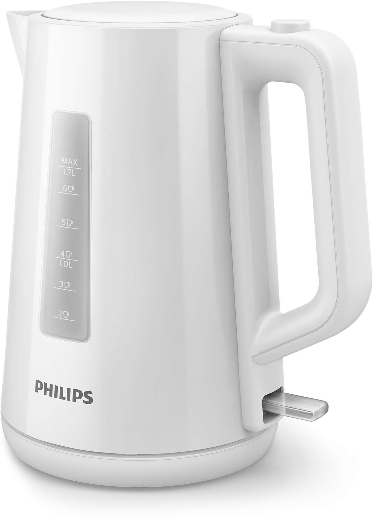 White electric kettle with a handle and a water level indicator.