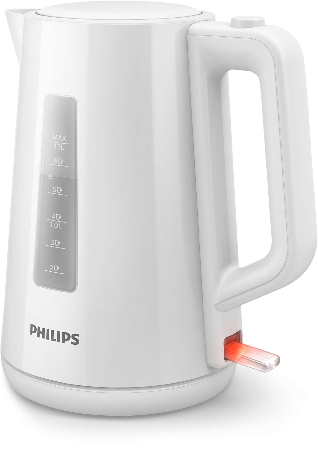 A white electric kettle with water level markers and a red light.