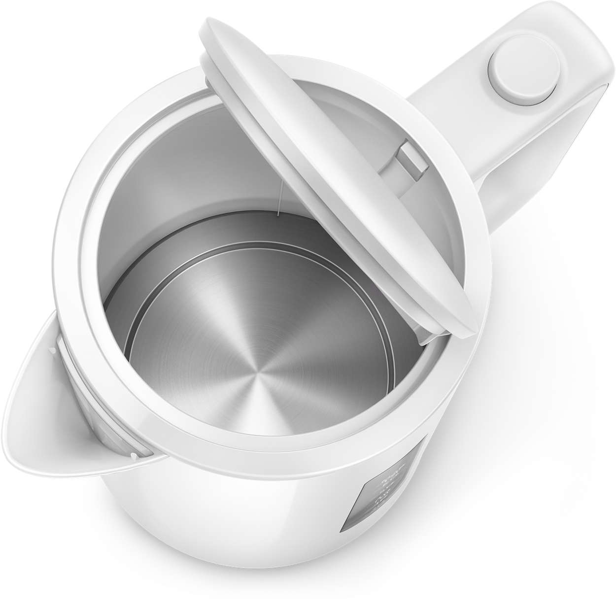 White electric kettle with an open lid, showing the interior.