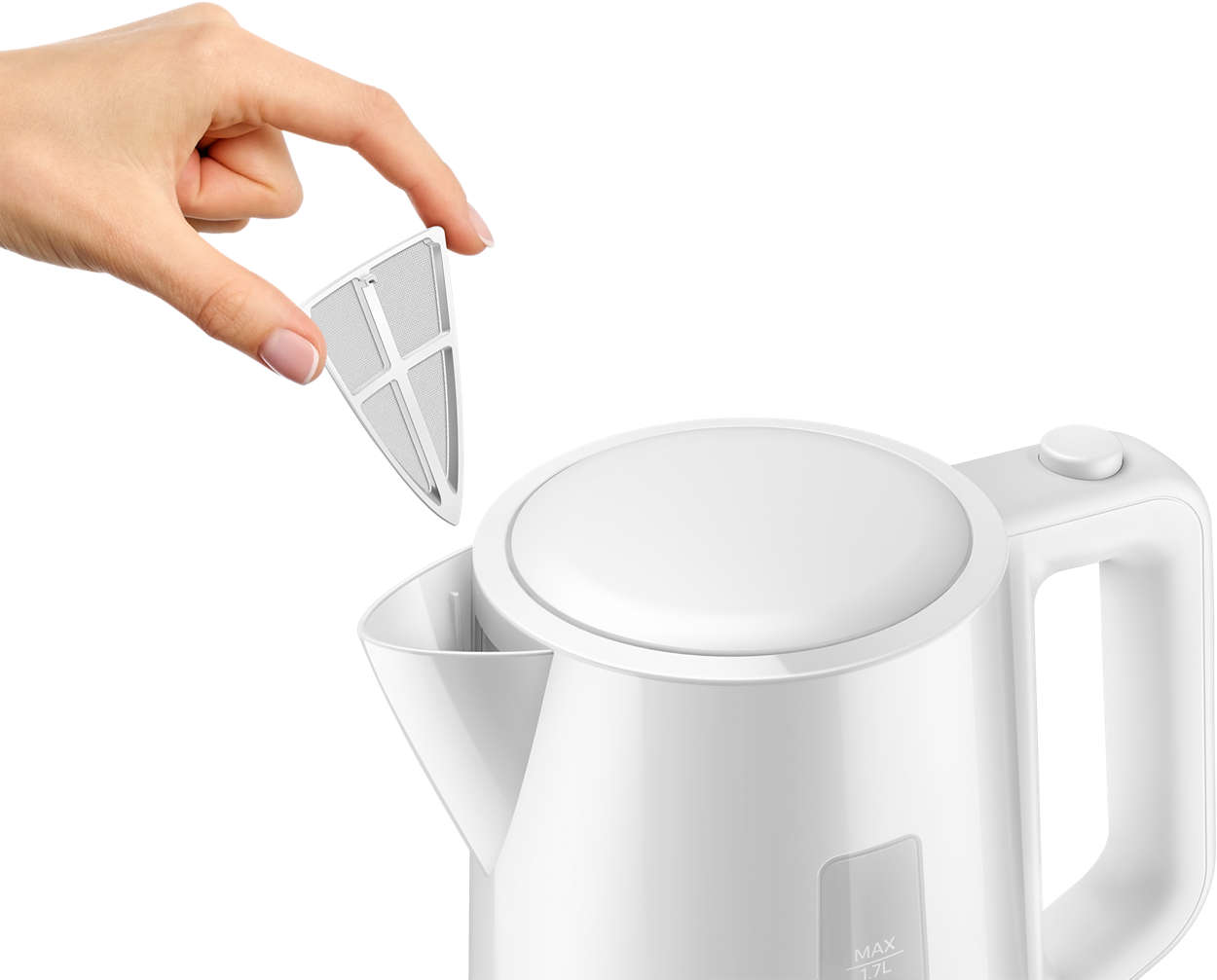 A hand removing a filter from a white electric kettle, close up view.
