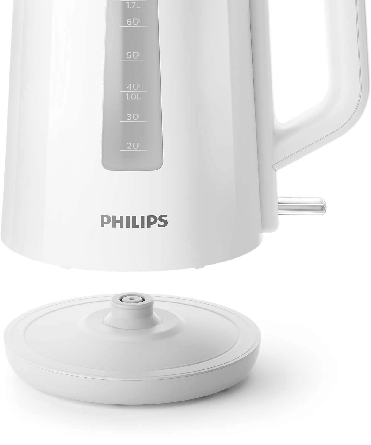White electric kettle with a base. Philips logo is visible.