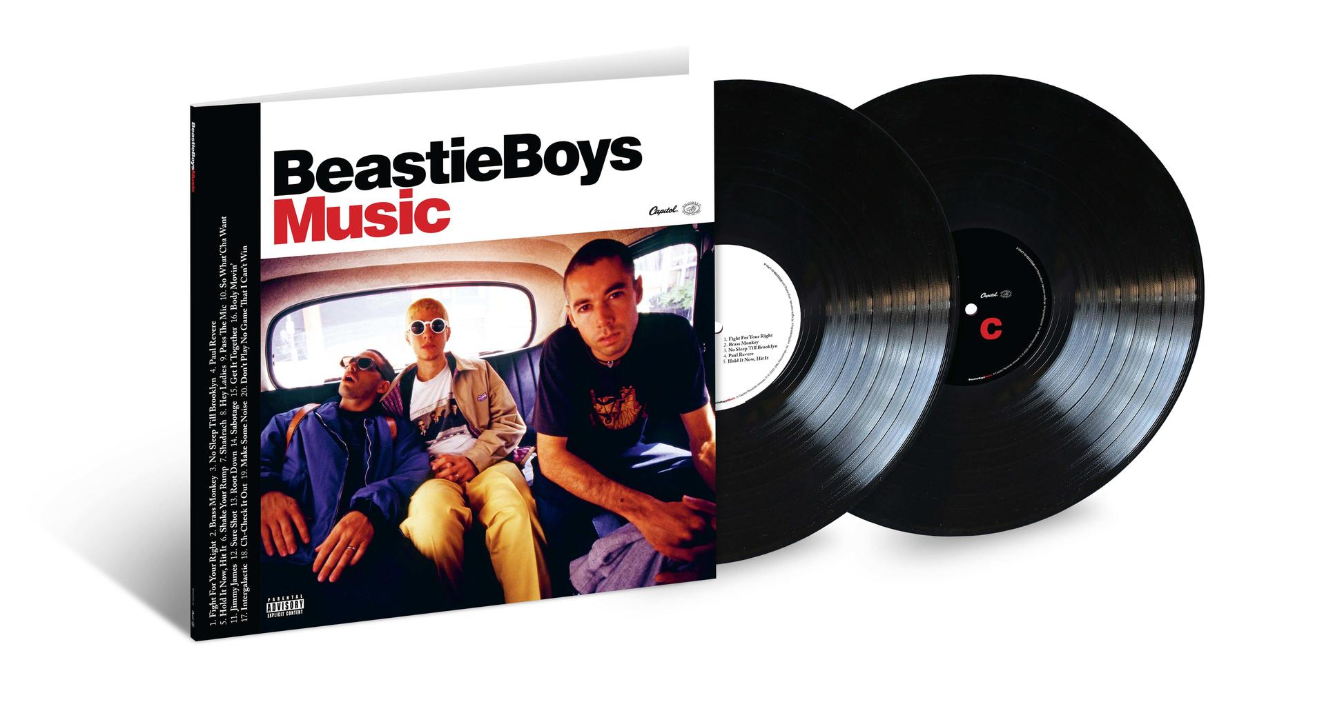 Beastie Boys Music Album. Albumcover mit drei Männern. Zwei schwarze Vinylplatten rechts.