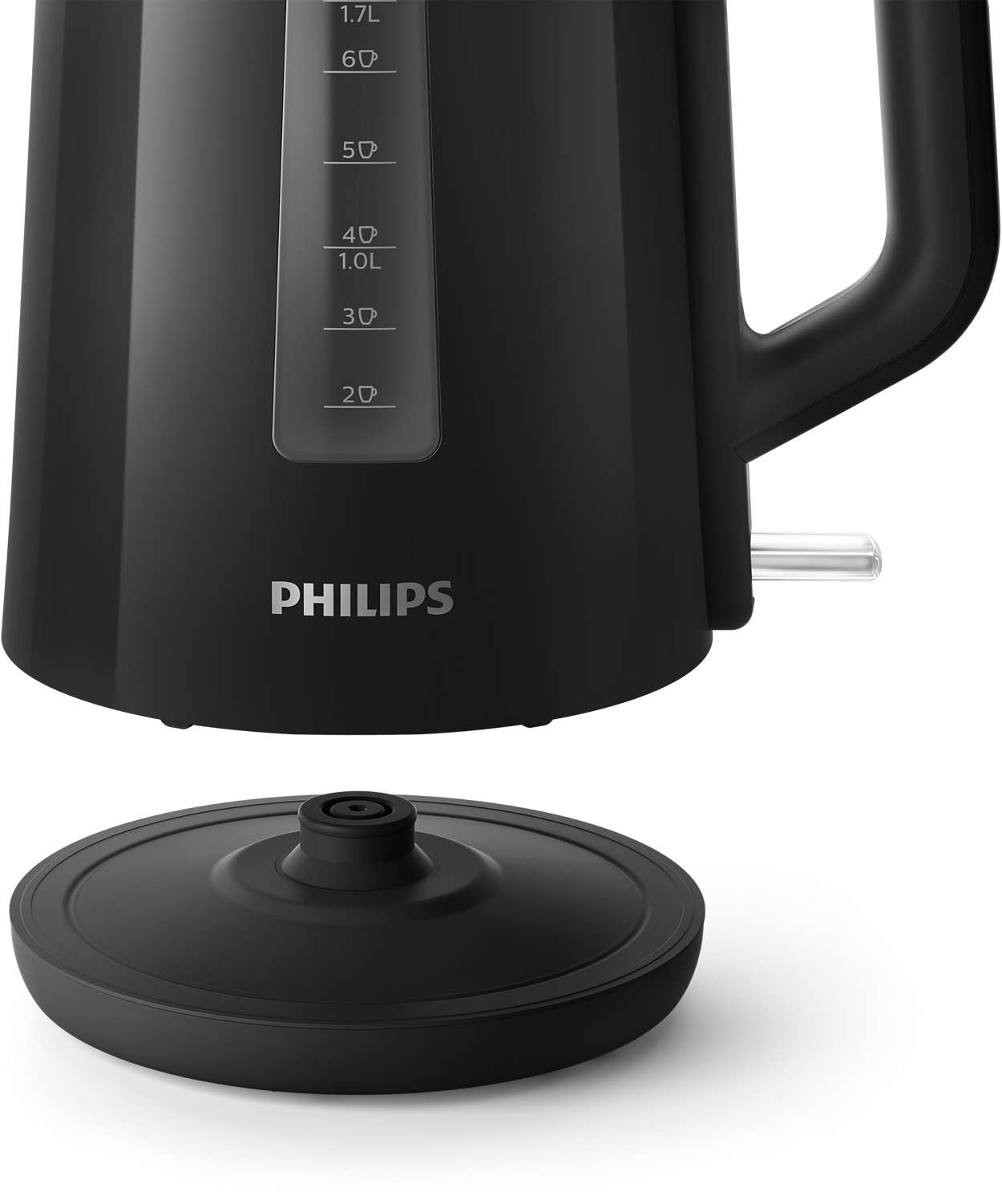 Zwarte Philips waterkoker met waterniveau-indicator en een aparte basis.