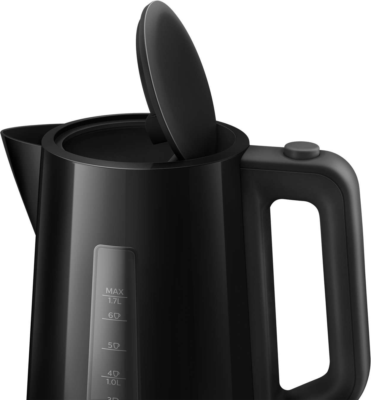 Een zwarte waterkoker met een handvat en een gedeeltelijk open deksel, dat de binnenkant laat zien.