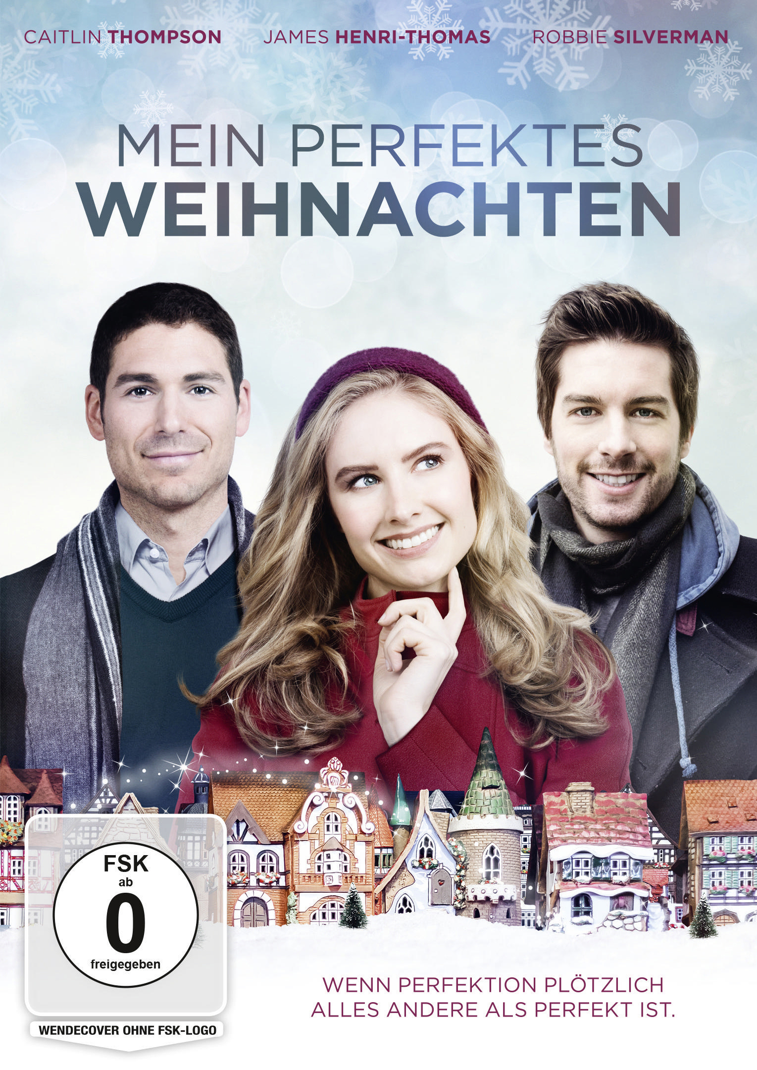 Filmplakat: Drei Personen vor einer verschneiten Dorflandschaft. Titel: 'Mein Perfektes Weihnachten'.