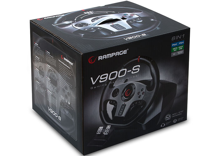 Bir kutuda oyun yarış direksiyonu. Kutu, direksiyonu ve özelliklerini gösterir.