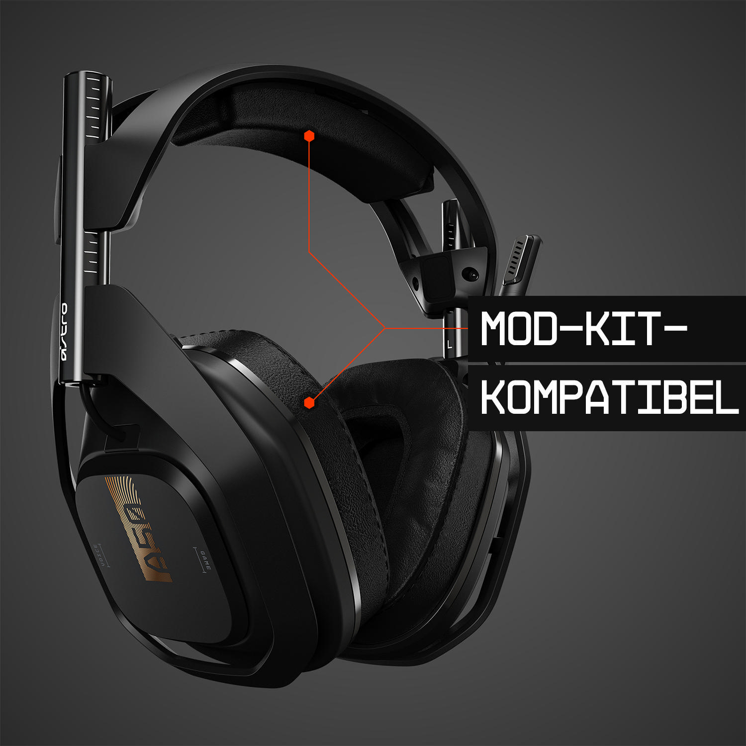 Schwarzes Gaming-Headset mit Mikrofon. Text: 'MOD-KIT-KOMPATIBEL'.