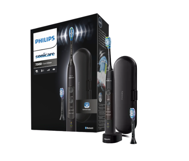 Ein schwarzes Philips Sonicare elektrische Zahnbürsten-Set mit zwei Bürsten und einer Ladestation.