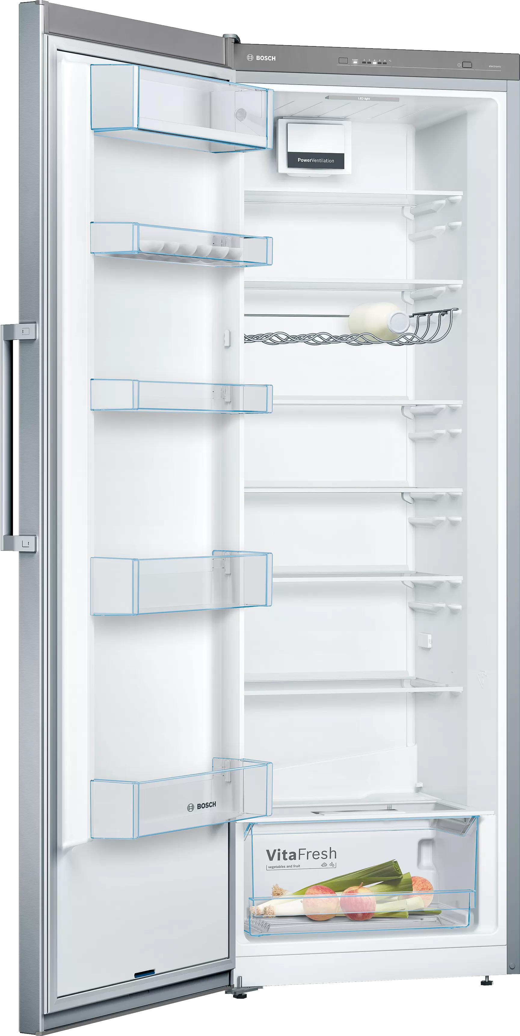 Nyitott Bosch hűtőszekrény. Belső polcokkal, fiókokkal és VitaFresh rekesszel.