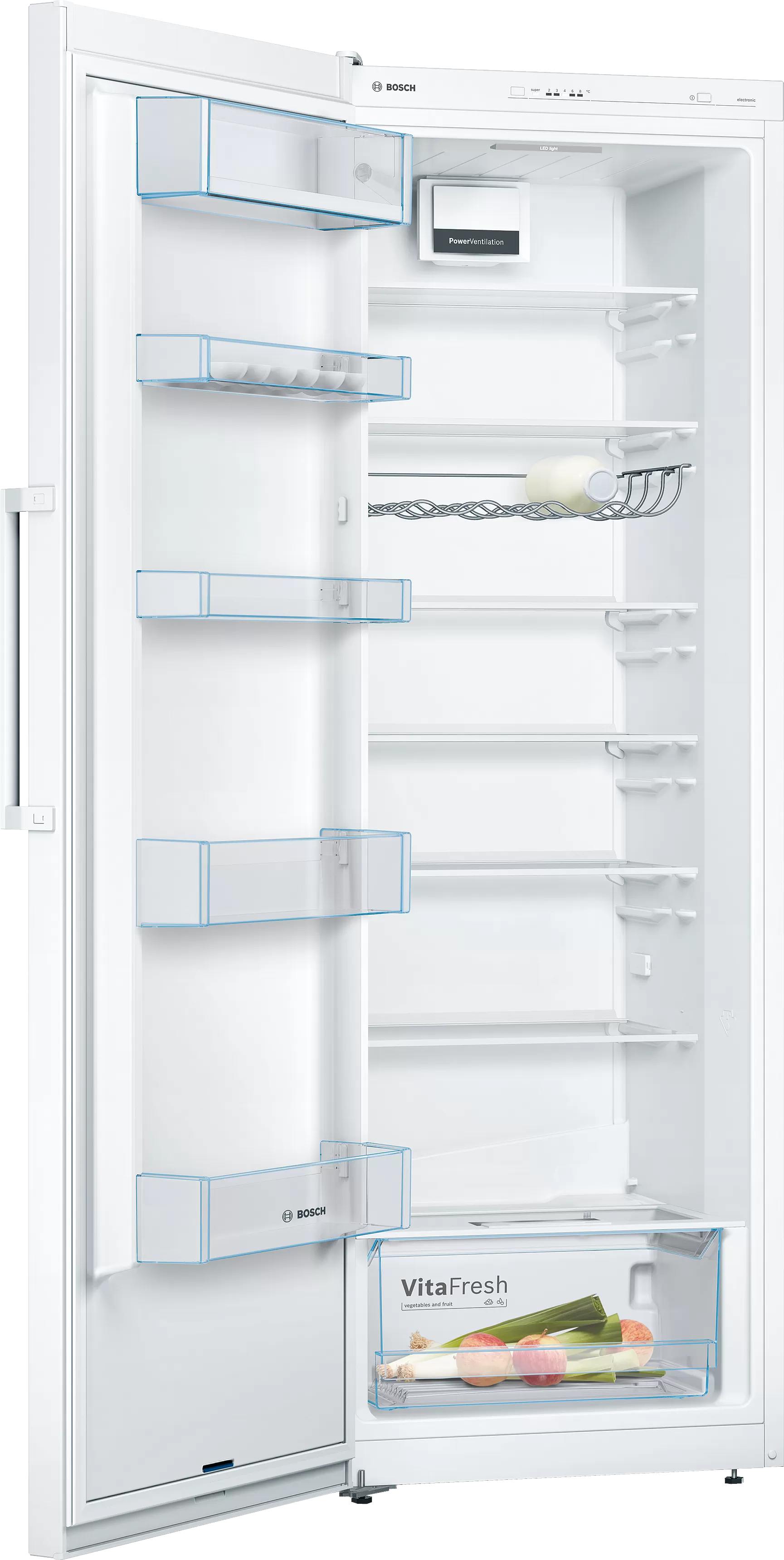 Nyitott Bosch hűtőszekrény polcokkal, tele élelmiszer-tartályokkal és egy tojástartóval.