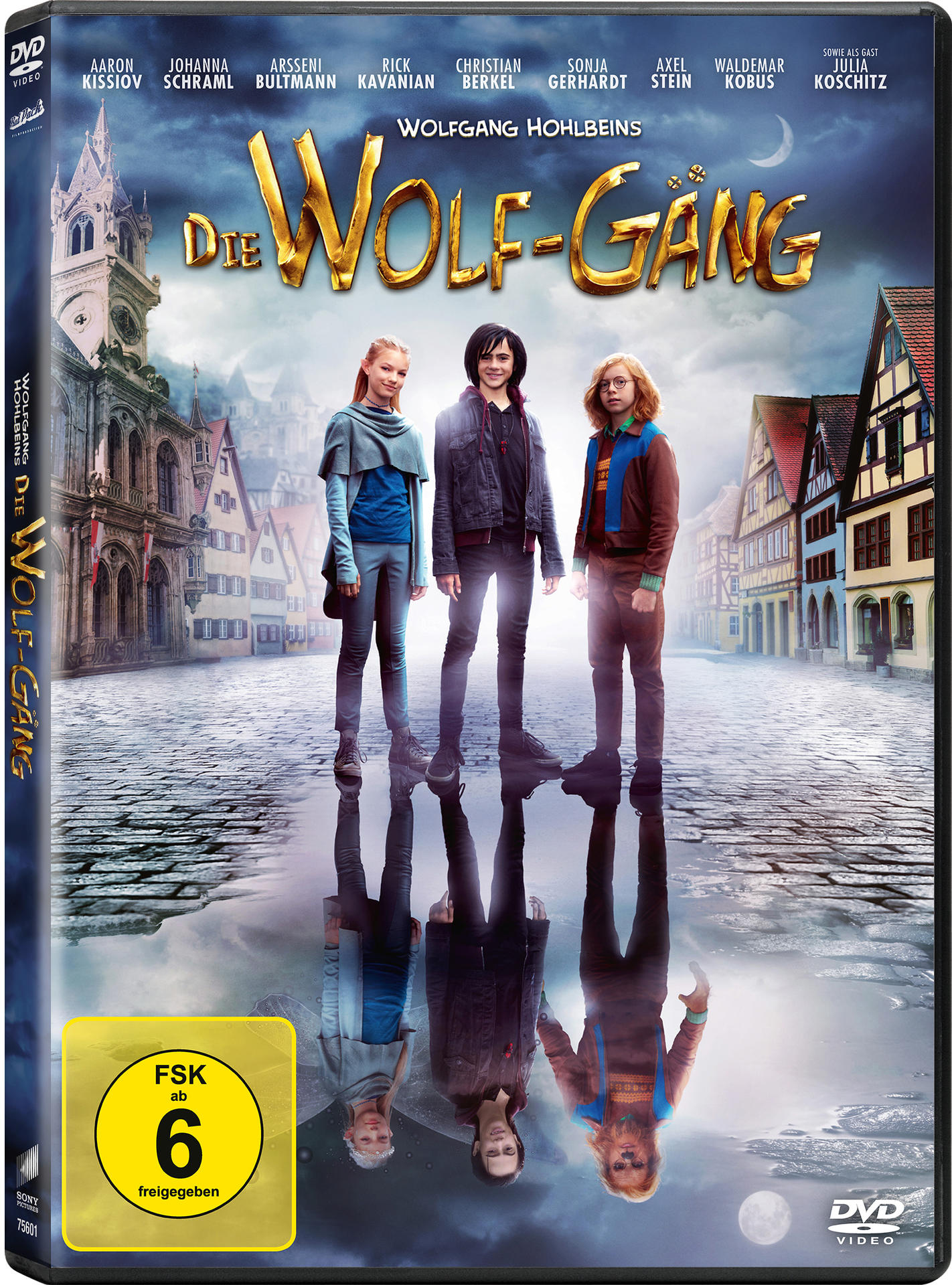 DVD-Cover von 'Die Wolf-Gäng'. Drei Kinder stehen vor einer Stadt, spiegelnd im Wasser. Gebäude im Hintergrund.