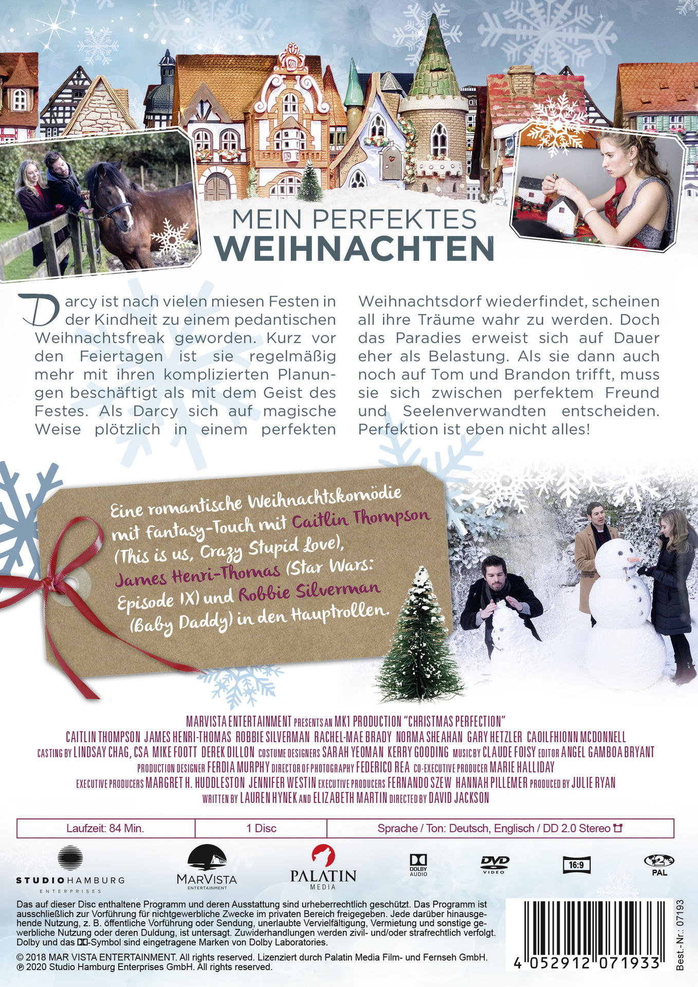 DVD-Cover für 'Mein Perfektes Weihnachten'. Zwei Frauen, ein Pferd und ein Mann in einer Winterszene. Schneeflocken.