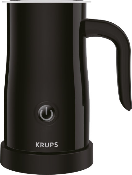 Fekete Krups tejhabosító fehér felületen. Van egy fogantyúja és egy bekapcsoló gombja.