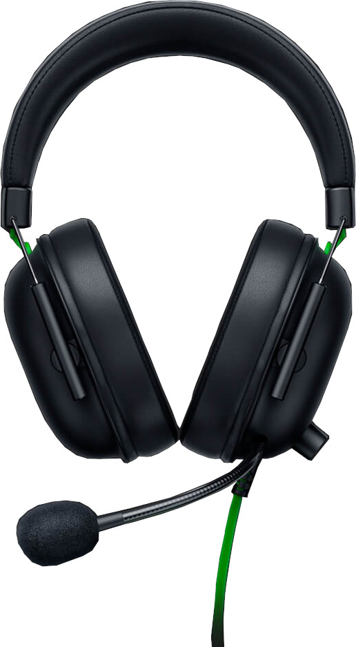 Black gaming headphones with a microphone. The earcups are square, and the cable is green.