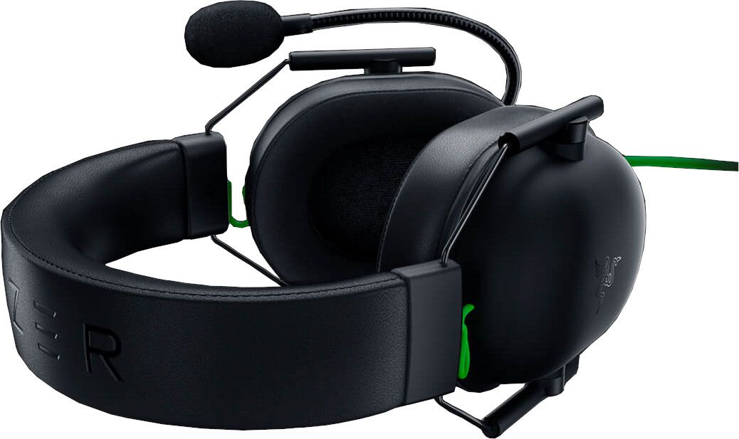 Black gaming headset with a microphone. Razer logo is on the earcup.