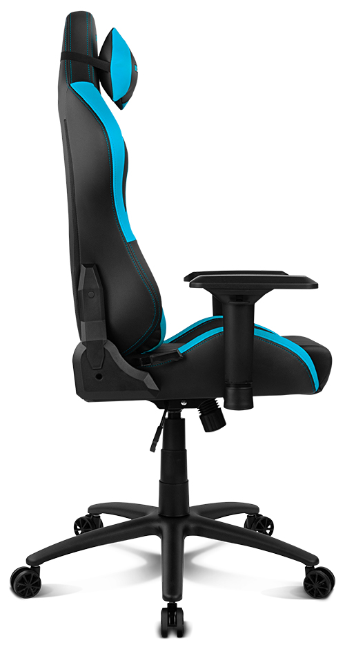 Silla gaming, negra con detalles turquesa, de lado.
