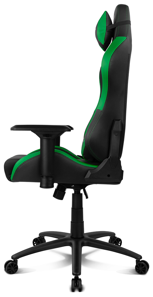 Perfil lateral de una silla gamer negra y verde con reposabrazos ajustables, sobre fondo blanco.