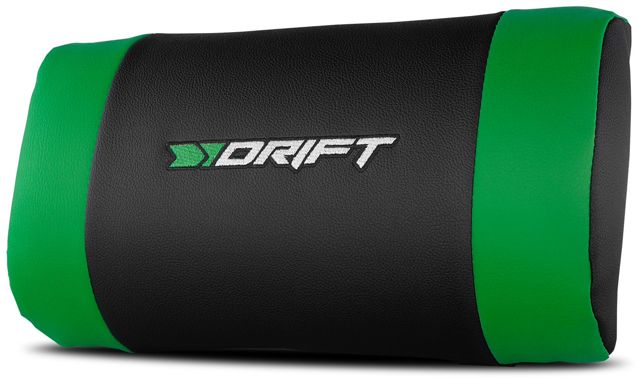 Una almohada de juego Drift negra y verde con un logotipo de flecha verde en la parte delantera.