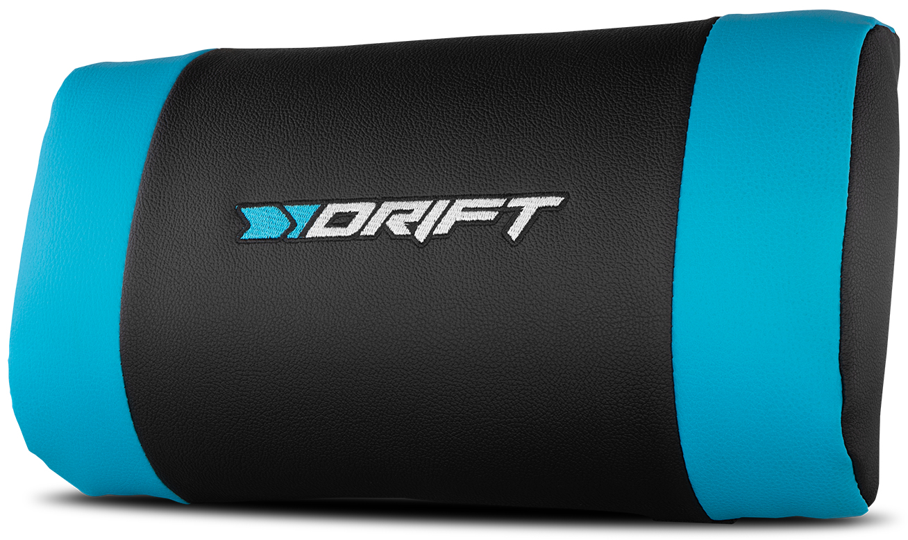 Almohada para reposacabezas de coche Drift. Colores negro y azul, con logo blanco. Aislada sobre blanco.