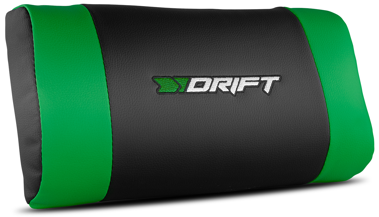 Un reposacabezas negro y verde con la palabra 'DRIFT' bordada.