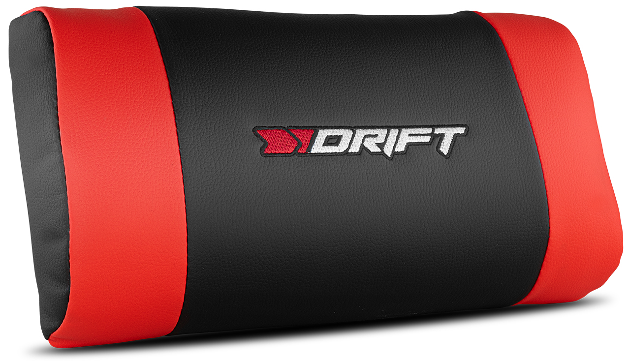 Cojín para asiento de coche rojo y negro con el logo 'DRIFT'.