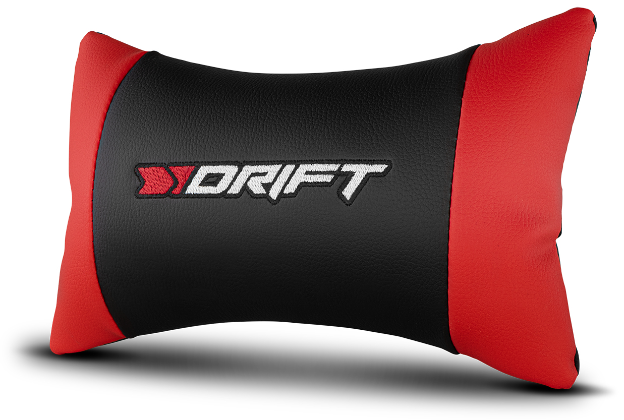 Reposacabezas de coche negro y rojo con el logotipo DRIFT en blanco.