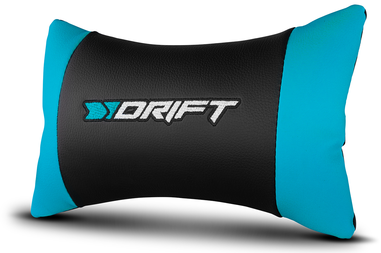 Cojín para el cuello azul y negro con el logo 'DRIFT' sobre blanco.
