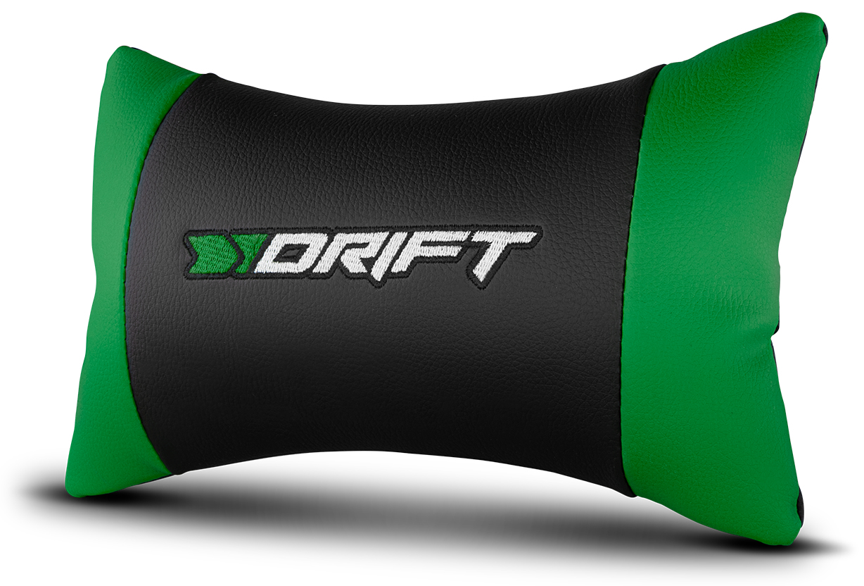Cojín para el cuello del coche verde y negro con texto.