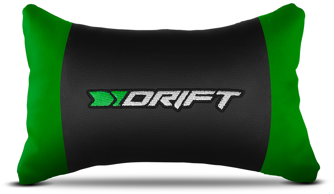 Cojín de cuello para coche negro con extremos verdes y logo 'DRIFT' blanco. Cuero negro.