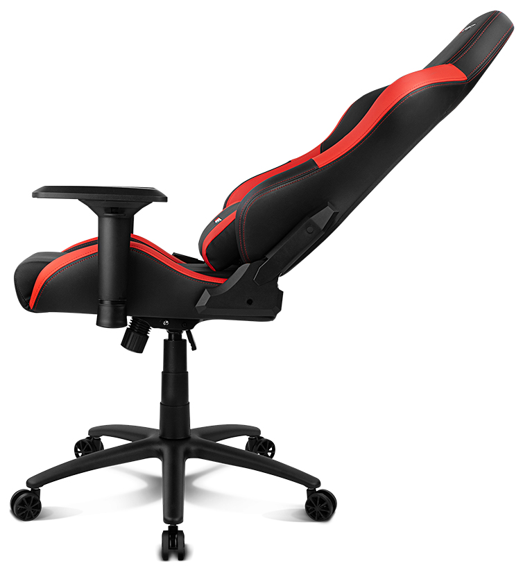 Silla gaming con diseño negro y rojo. Respaldo alto, reposabrazos y base de cinco ruedas.