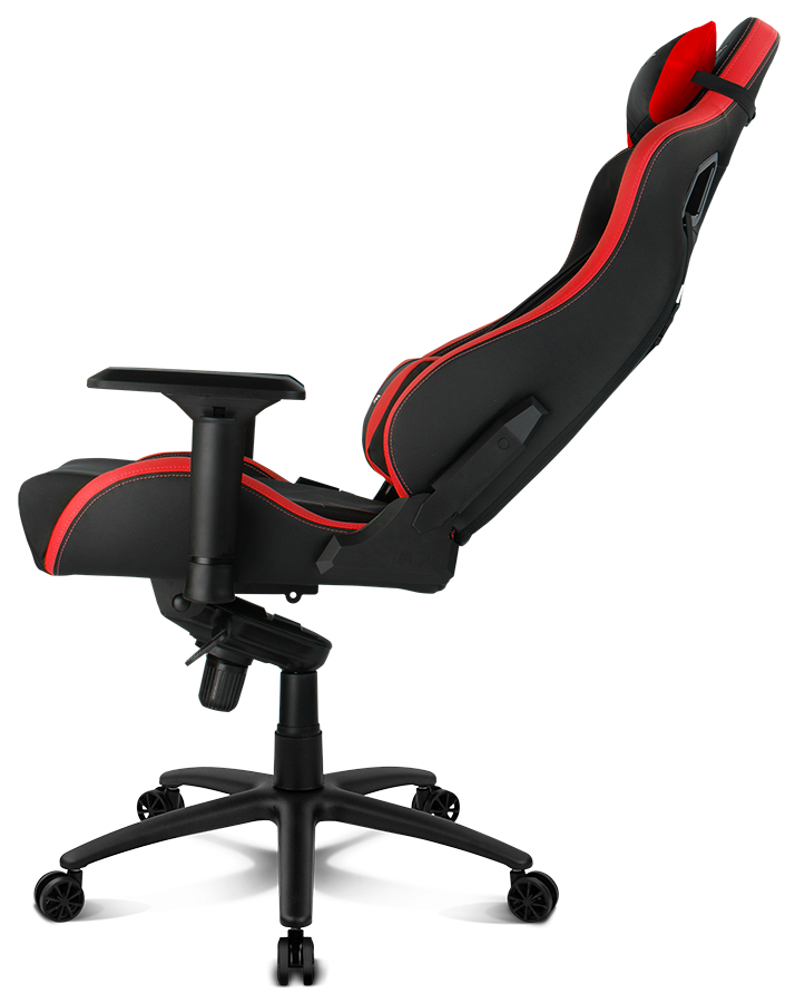 Una silla gamer negra y roja con respaldo alto y ruedas.