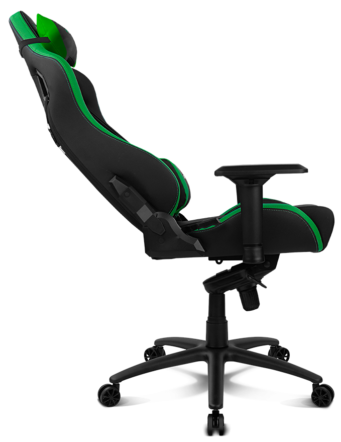 Silla gamer negra y verde, vista lateral. Base negra, detalles verdes.