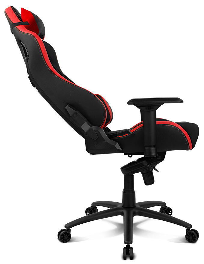 Silla gaming negra y roja, vista lateral. Base negra con ruedas.