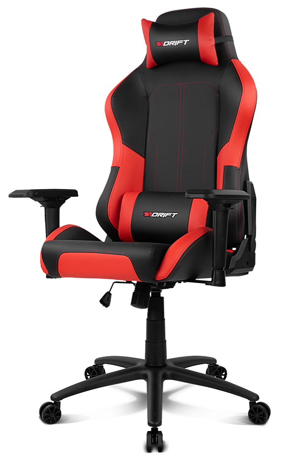 Silla gaming con diseño negro y rojo, con reposacabezas y reposabrazos.
