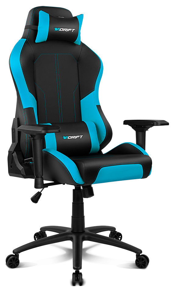 Una silla gaming negra y azul con reposacabezas, soporte lumbar y reposabrazos.