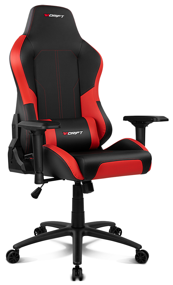 Silla gaming con diseño negro y rojo, con reposacabezas y reposabrazos.