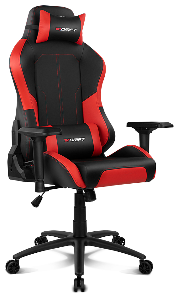 Silla gaming roja y negra, reposacabezas, reposabrazos, desde un lado.
