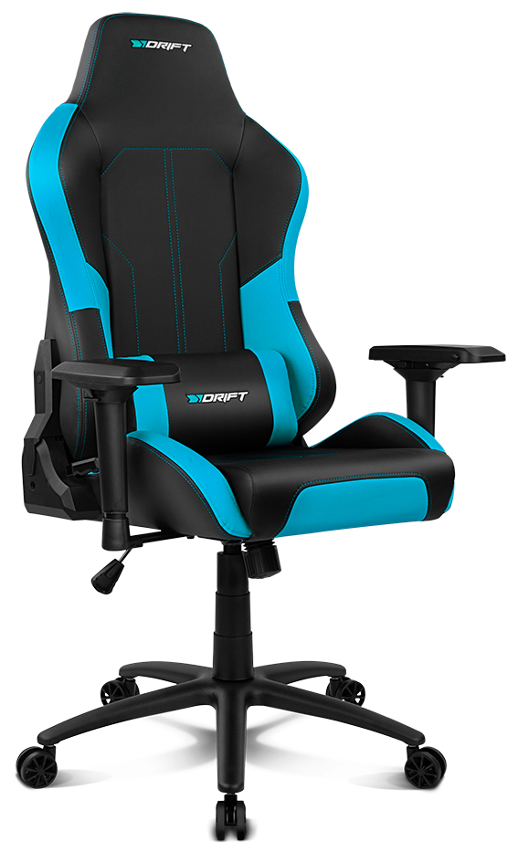 Una silla gamer Drift negra y azul con reposabrazos ajustables y un logotipo.