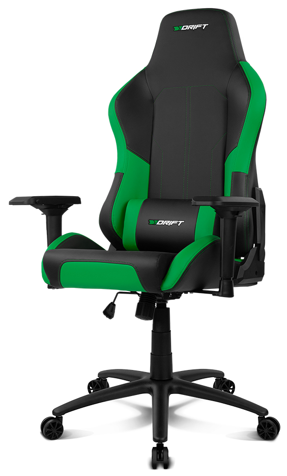 Silla gaming verde y negra. Tiene reposacabezas, soporte lumbar y reposabrazos.