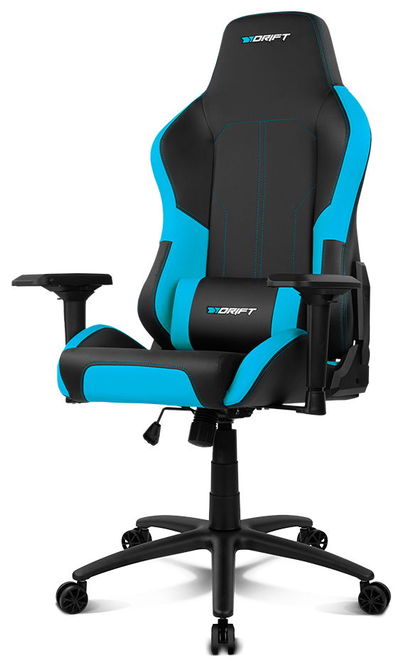 Silla gaming azul y negra con reposacabezas y reposabrazos, vista lateral.